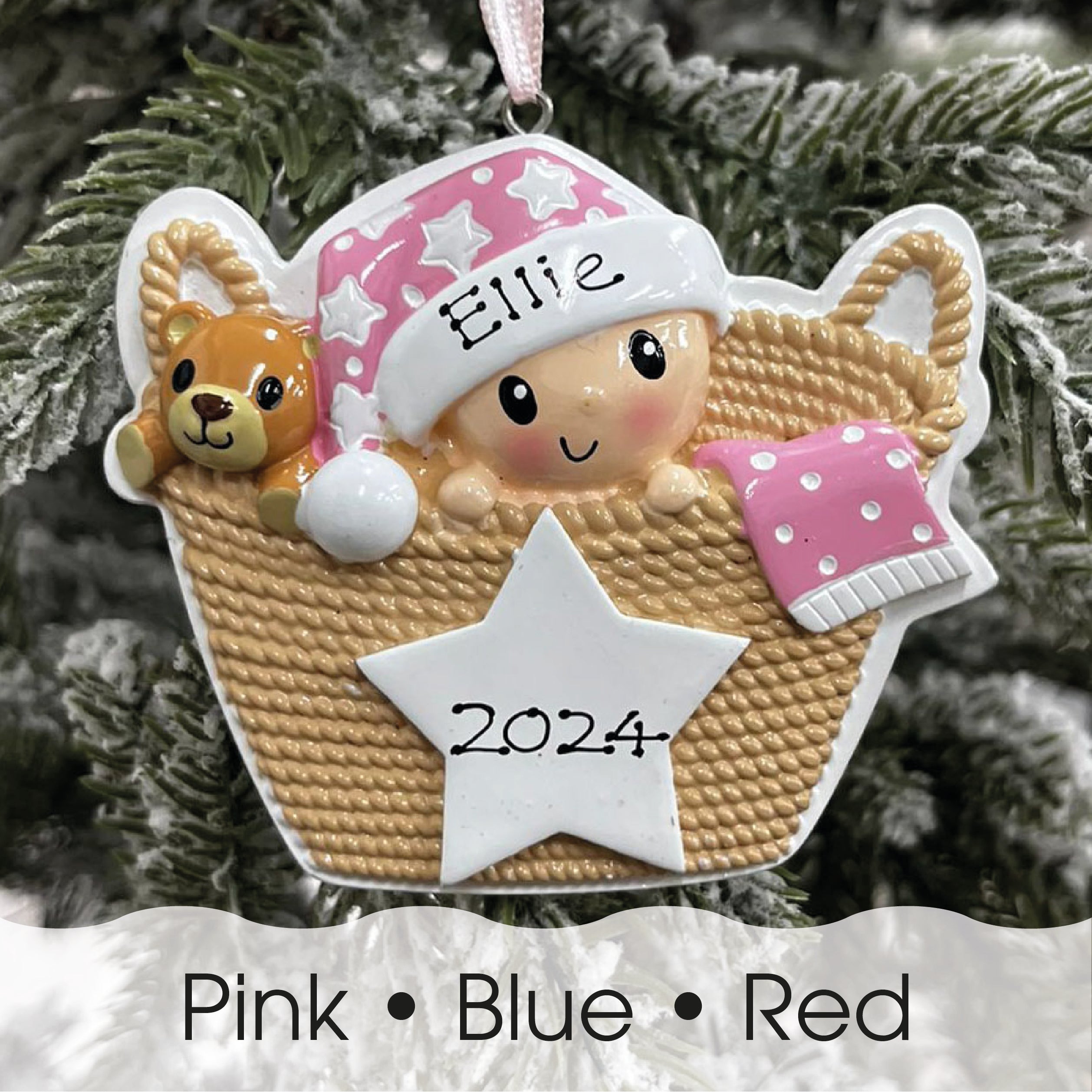 Personalised Baby's 1st Christmas Xmas Tree Decoration Ornament - Baby in Basket