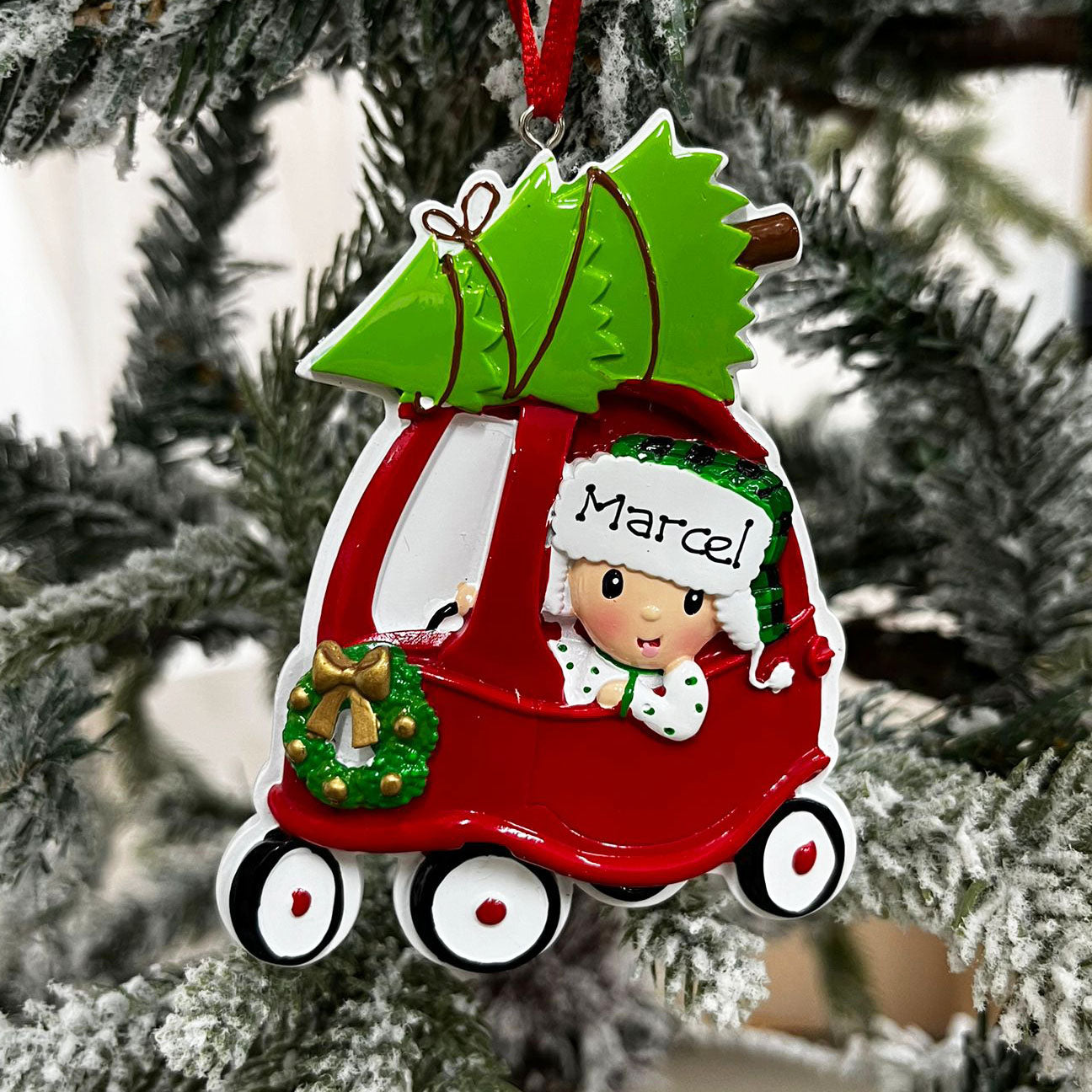 Personalised Family Christmas Xmas Tree Decoration Ornament - Baby in Toy Car