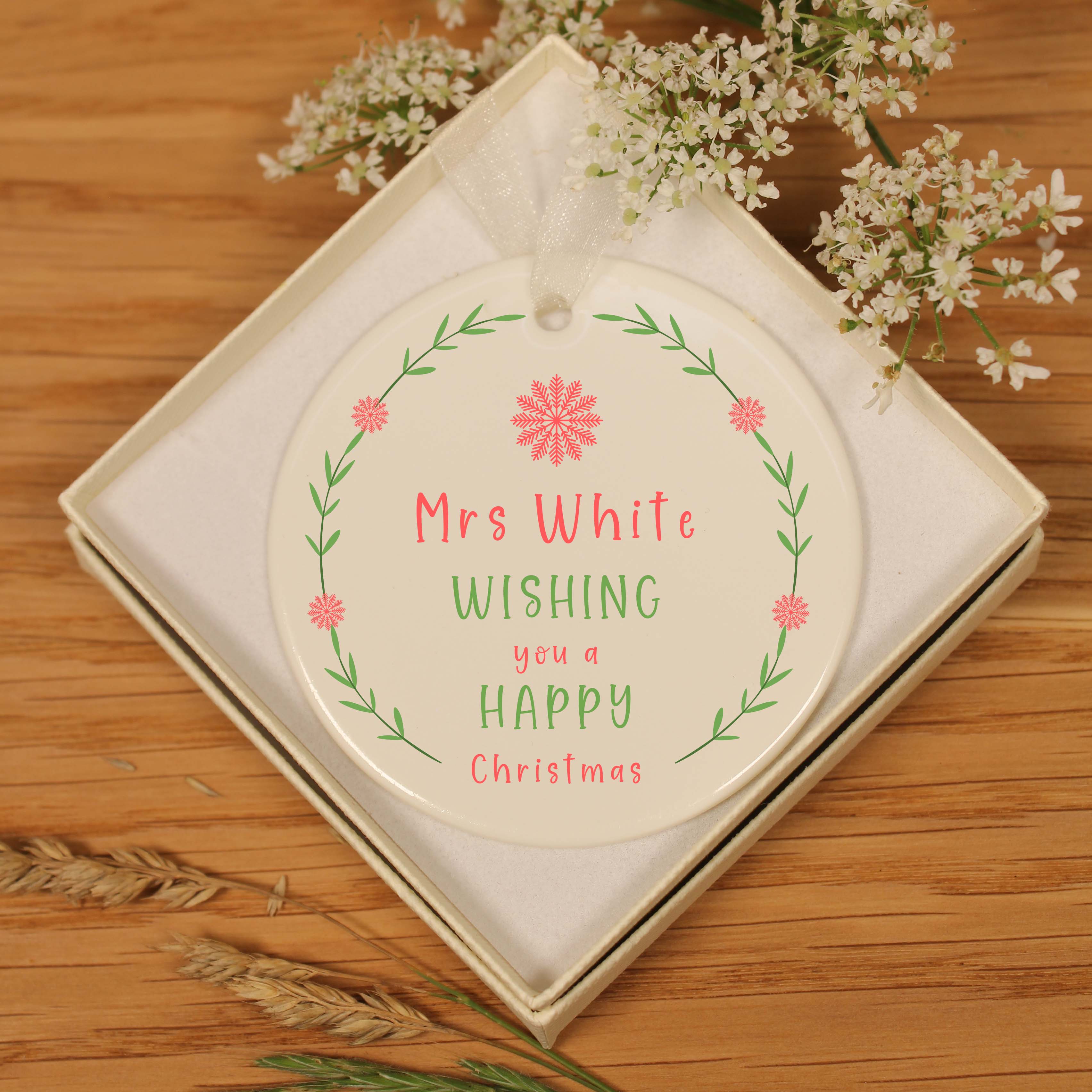 Personalised Christmas Ceramic Hanging Decoration - Teacher Flowers