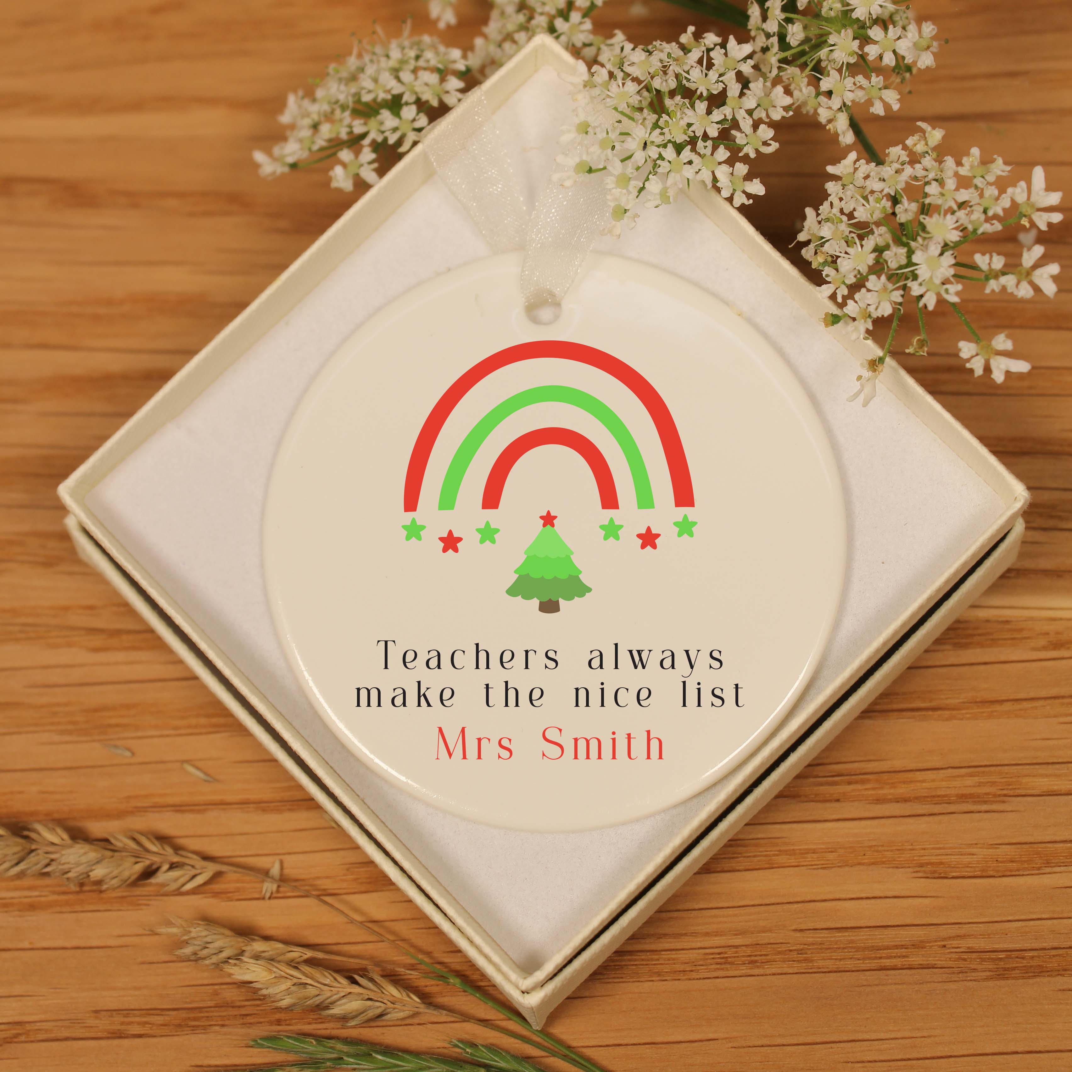 Personalised Christmas Ceramic Hanging Decoration - Teacher Rainbow