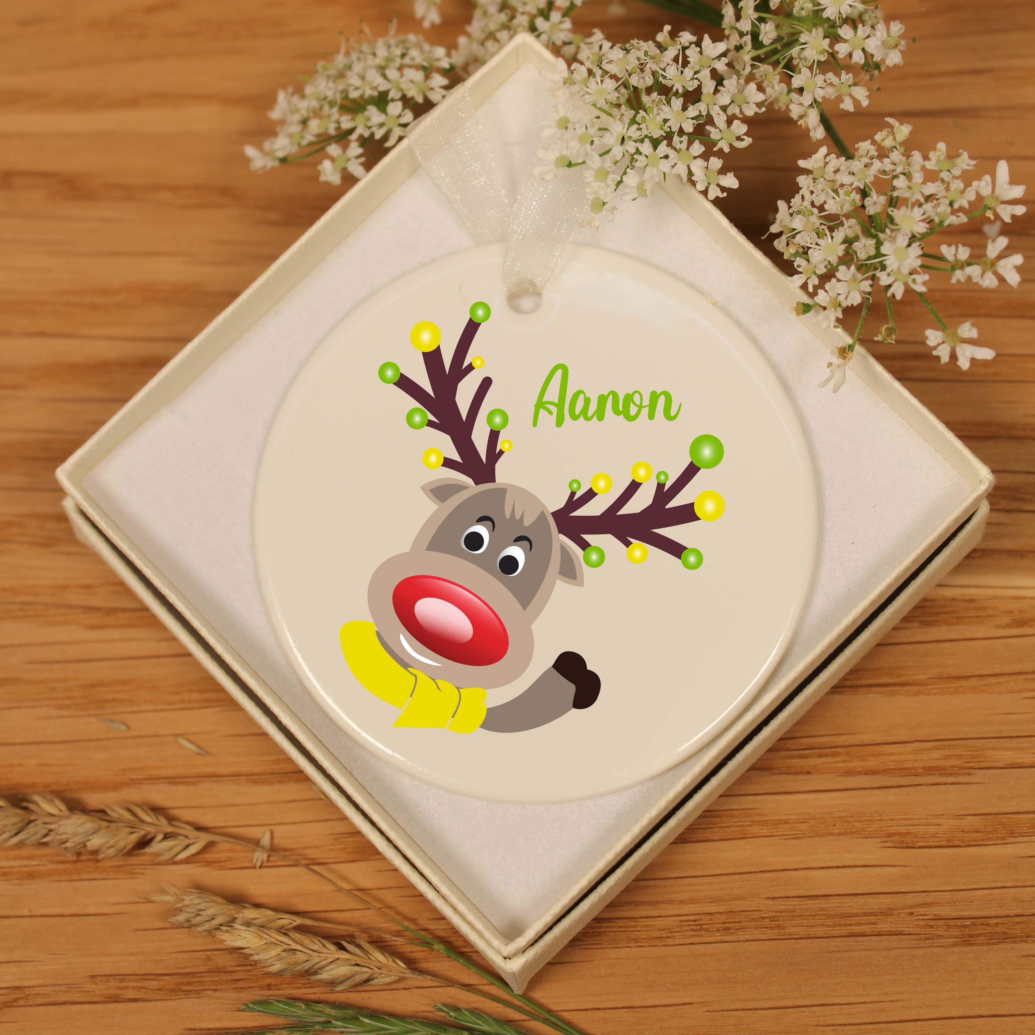 Personalised Christmas Ceramic Hanging Decoration - Reindeer Lights