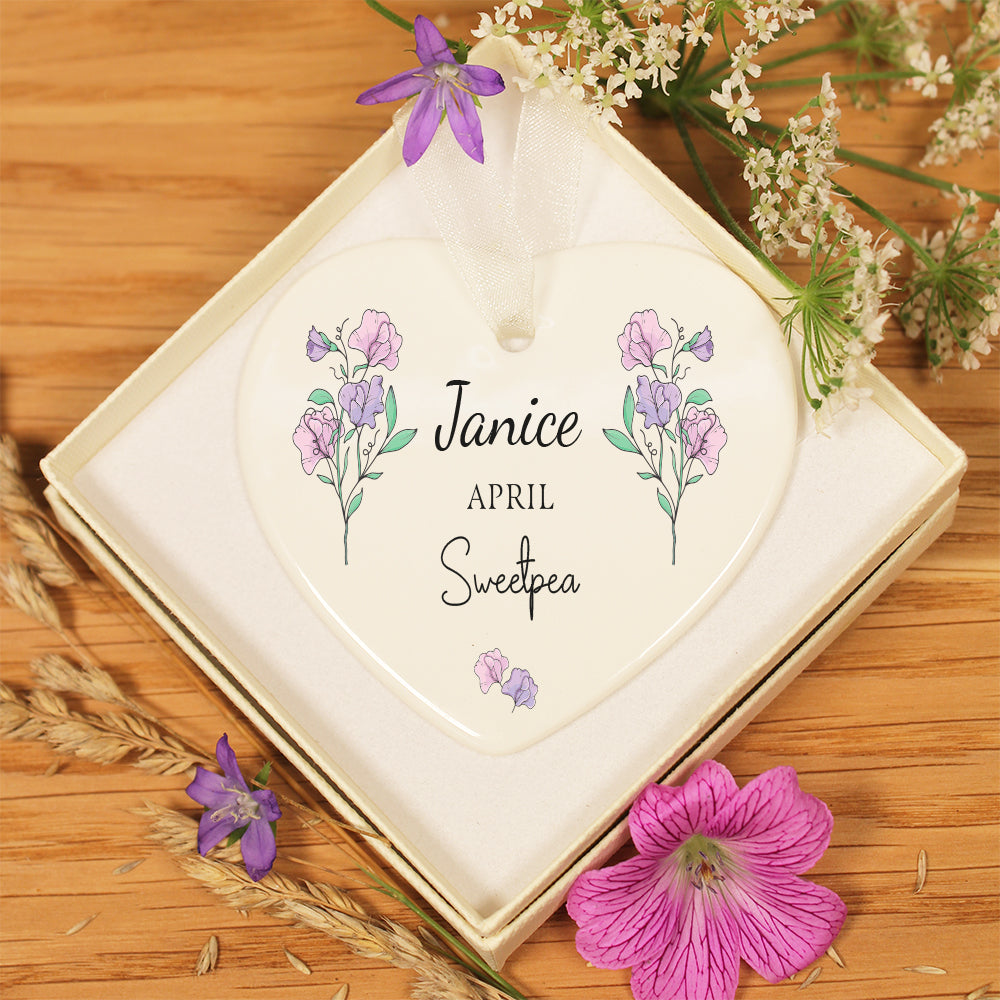 Personalised April Birth Flower Ceramic Hanging Decoration Gift Tag- Sweet Pea