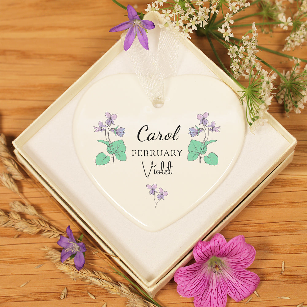 Personalised February Birth Flower Ceramic Hanging Decoration Gift Tag- Violet