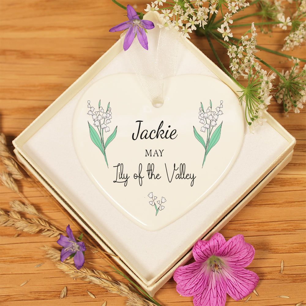 Personalised May Birth Flower Ceramic Hanging Decoration Gift Tag- Lily Valley