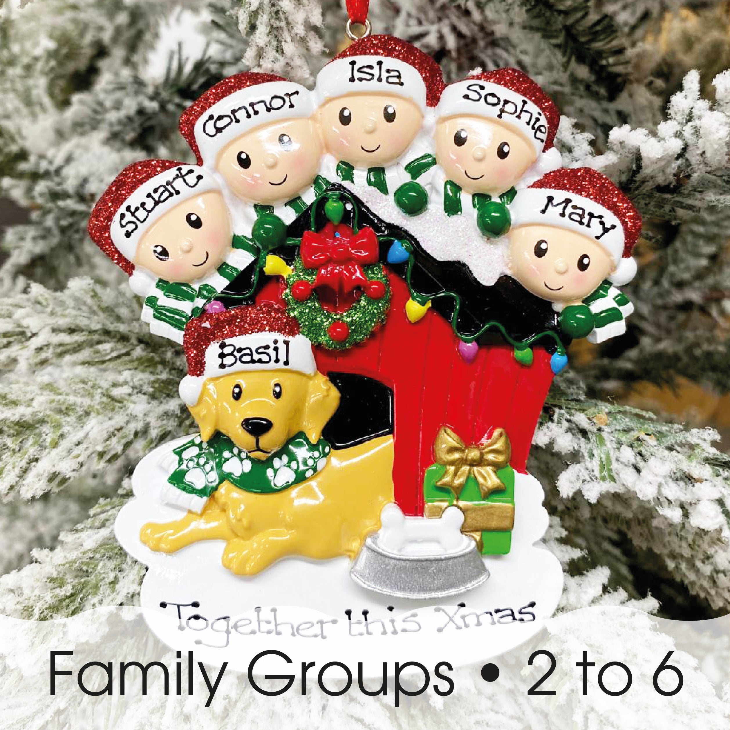 Personalised Family Christmas Xmas Tree Decoration Ornament - Family with Dog in Kennel