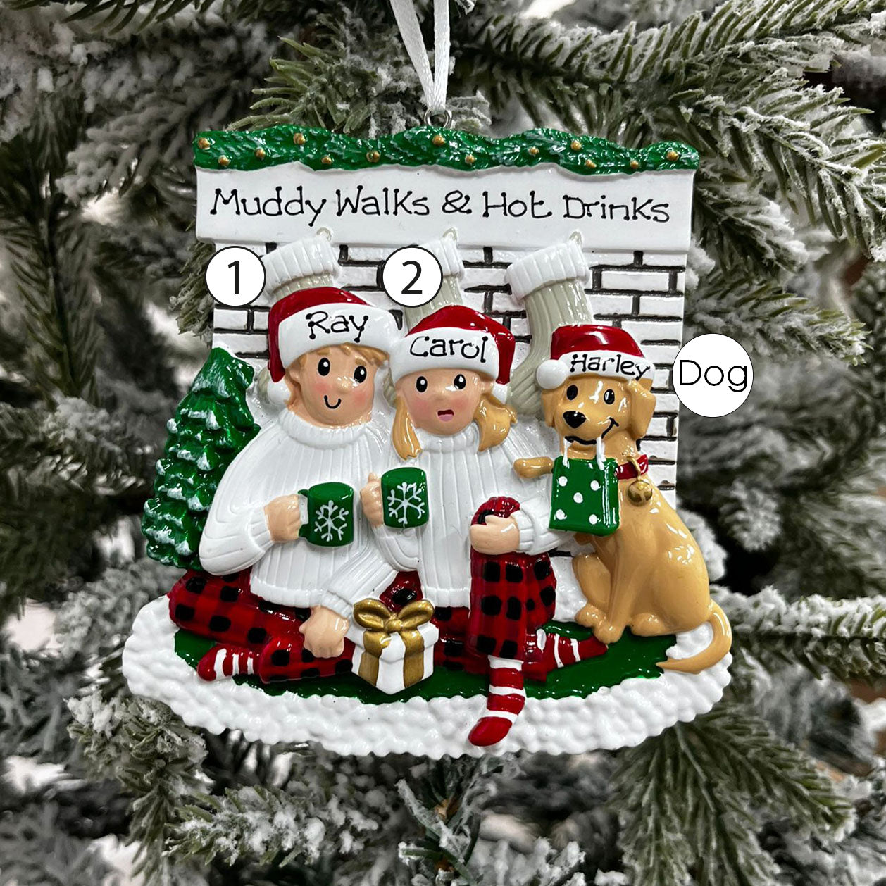 Personalised Family Christmas Xmas Tree Decoration Ornament - Sitting in Front of Fireplace