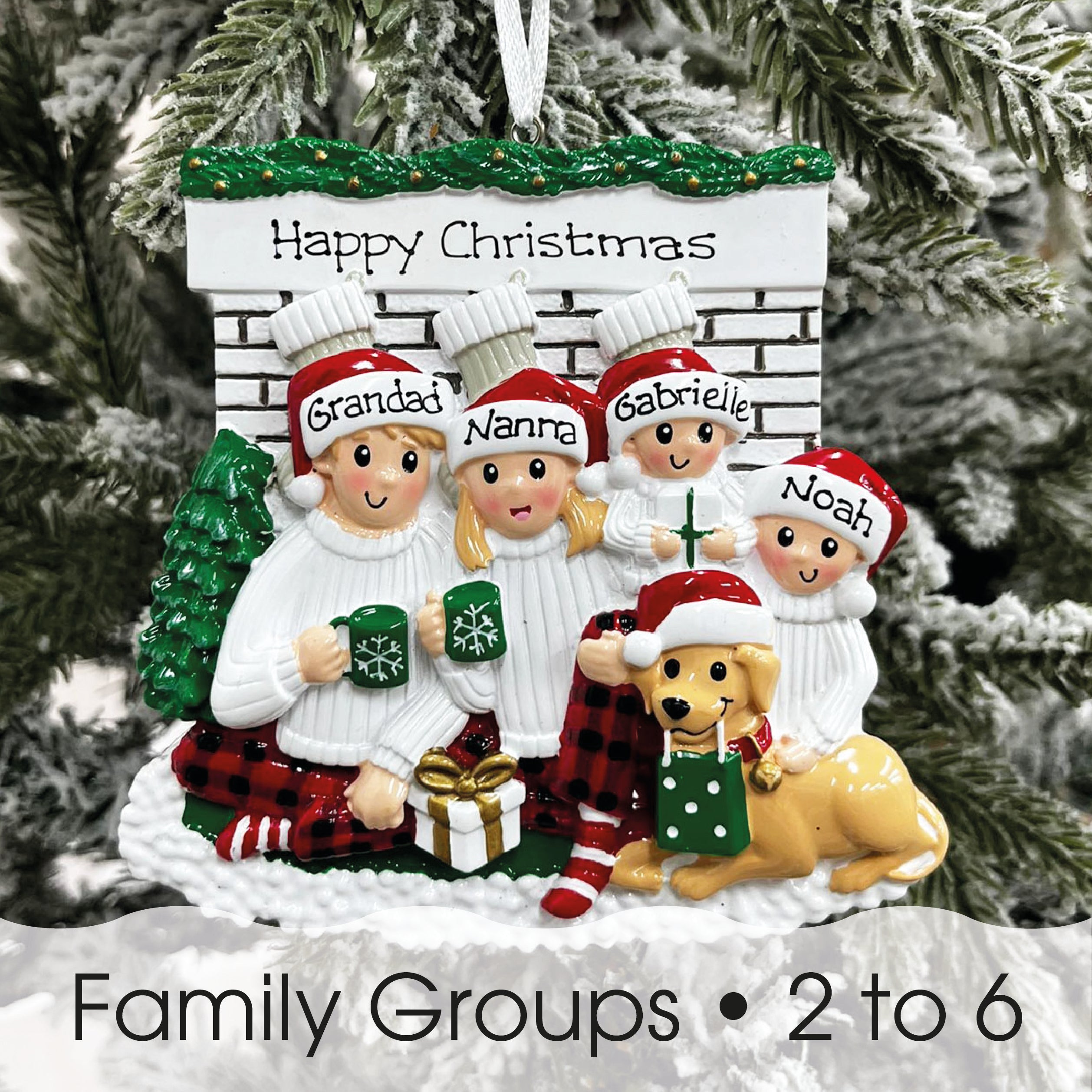 Personalised Family Christmas Xmas Tree Decoration Ornament - Sitting in Front of Fireplace