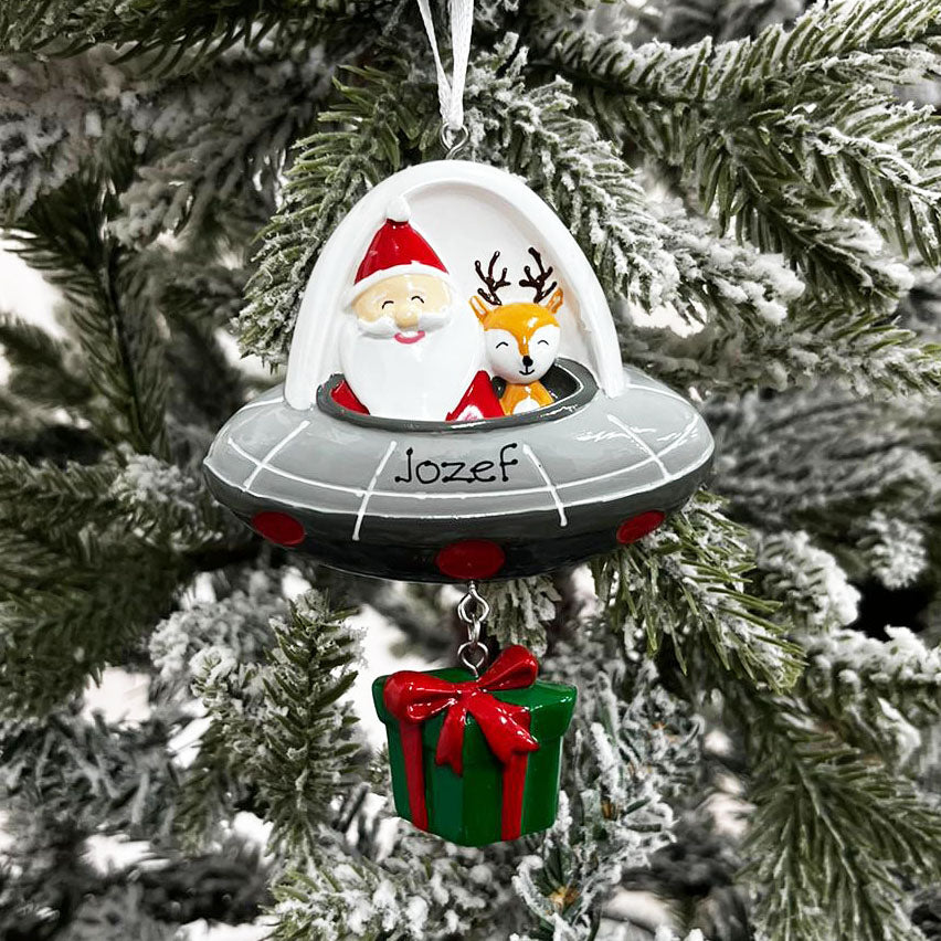 Personalised Family Christmas Xmas Tree Decoration Ornament - UFO Spaceship Santa and Rudolph